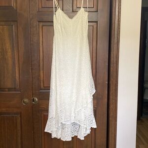 White lace high low faux wrap dress